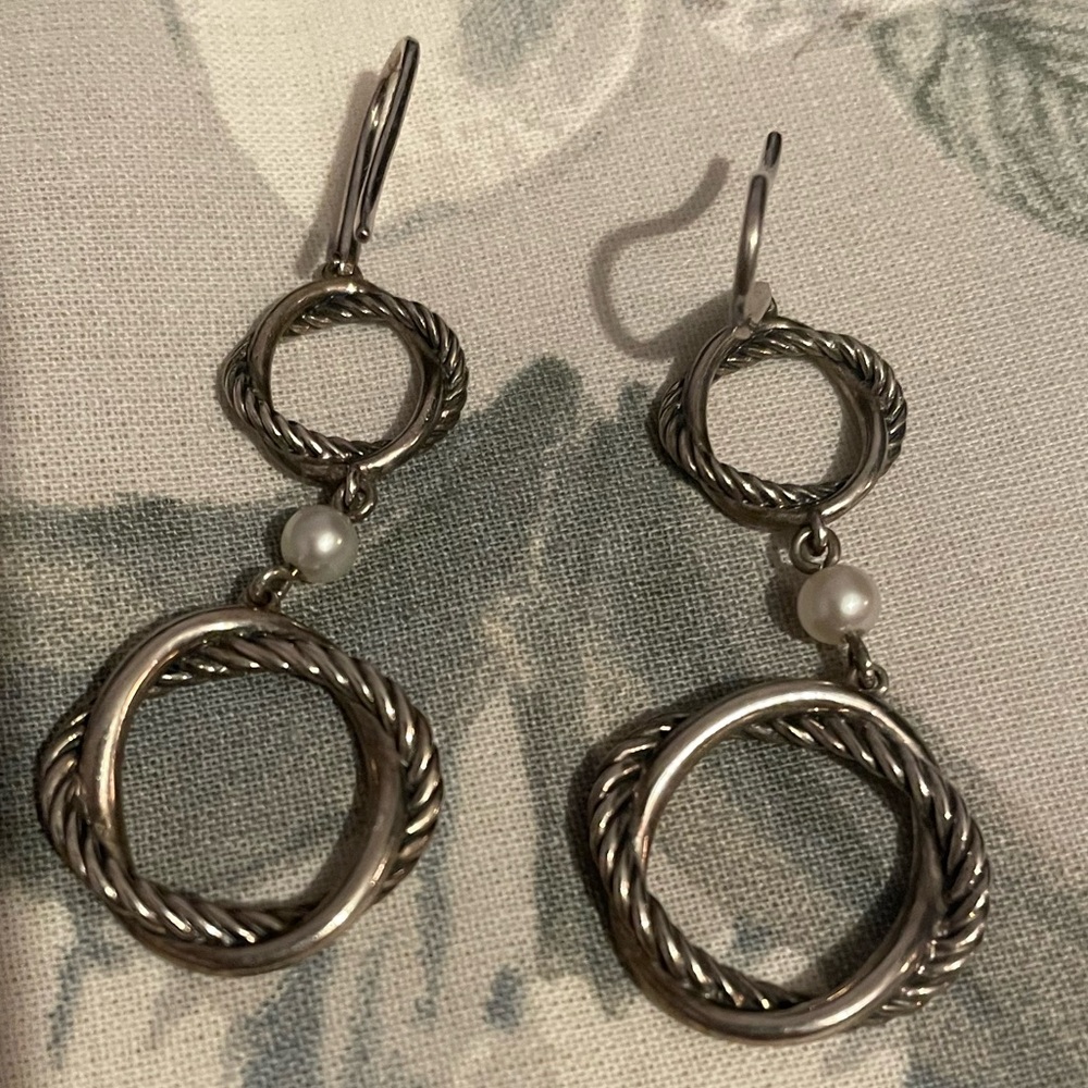 RARE DAVID YURMAN CABLE CIRCLE & PEARL EARRINGS - Picture 3 of 4